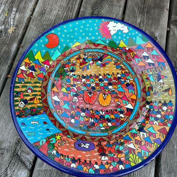 Beautiful 16” Mexican Folk Art Plate Pottery Wall Hanging Colorful Teracotta - Picture 14 of 16
